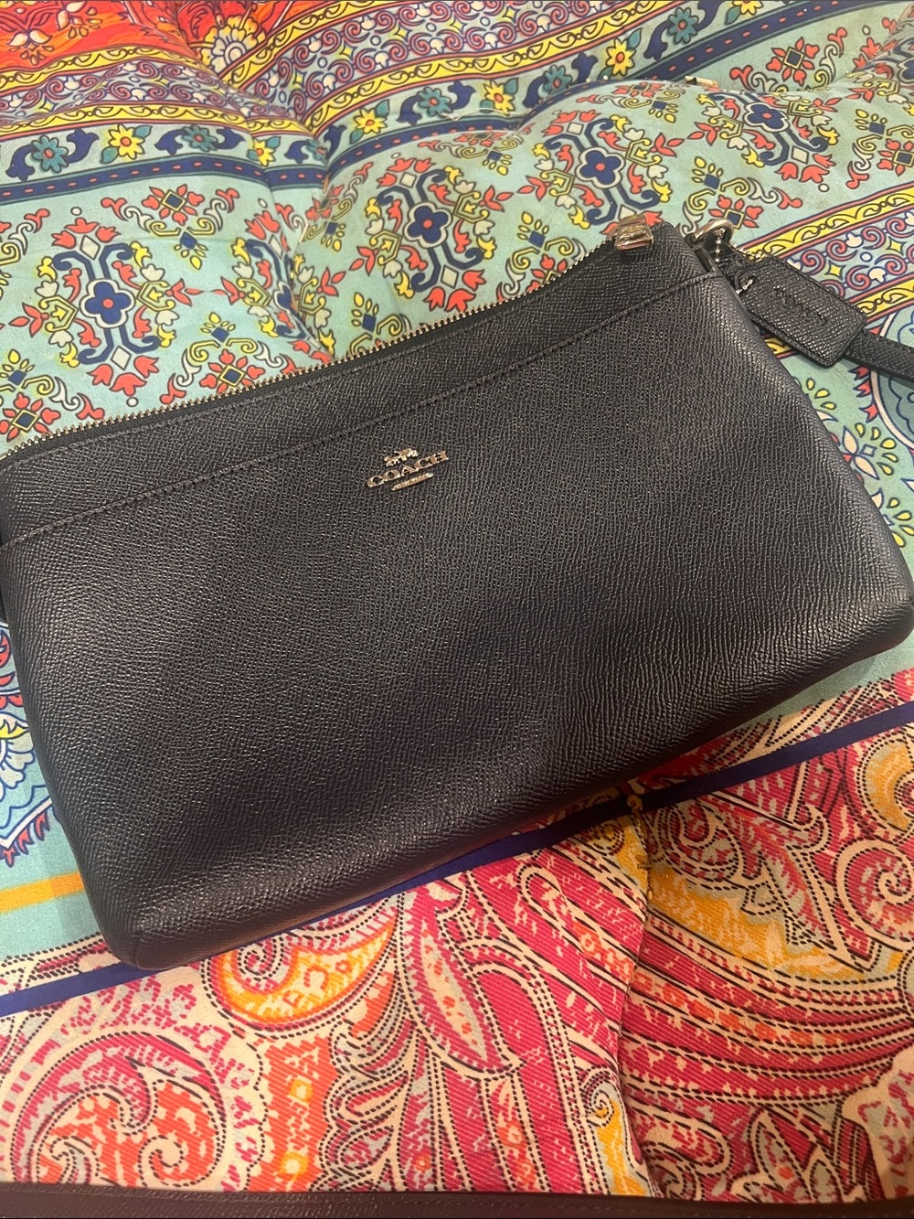 Coach Navy Textured Leather Wristlet Pouch with crossbody strap